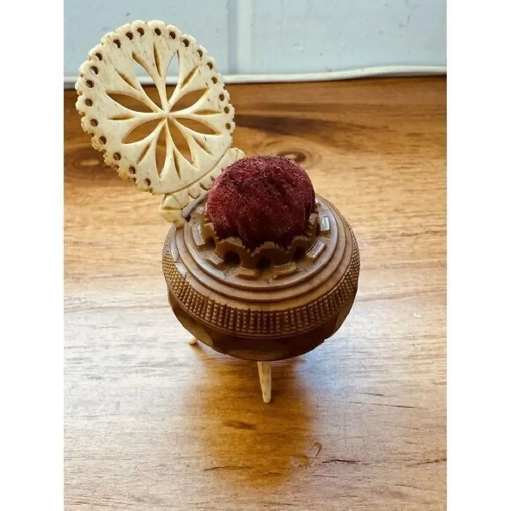Antique Victorian‎ Carved Tagua Nut Coquilla Nut Mini Chair Red Pin Cushion